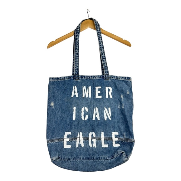 American Eagle Denim Tote Bag Distressed Blue Jean Medium Size 17" x 15" - Picture 1 of 7